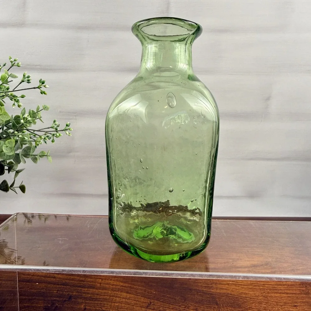 Hand Blown Green Glass Bud Vase Bottle Olive Green Artisan Vase